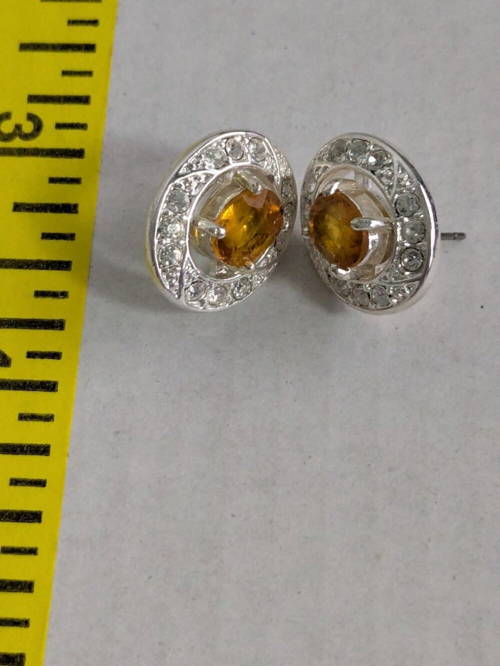 Silver Tone Faceted Golden Stone Crystal Rhinestone Stud Pierced Earrings